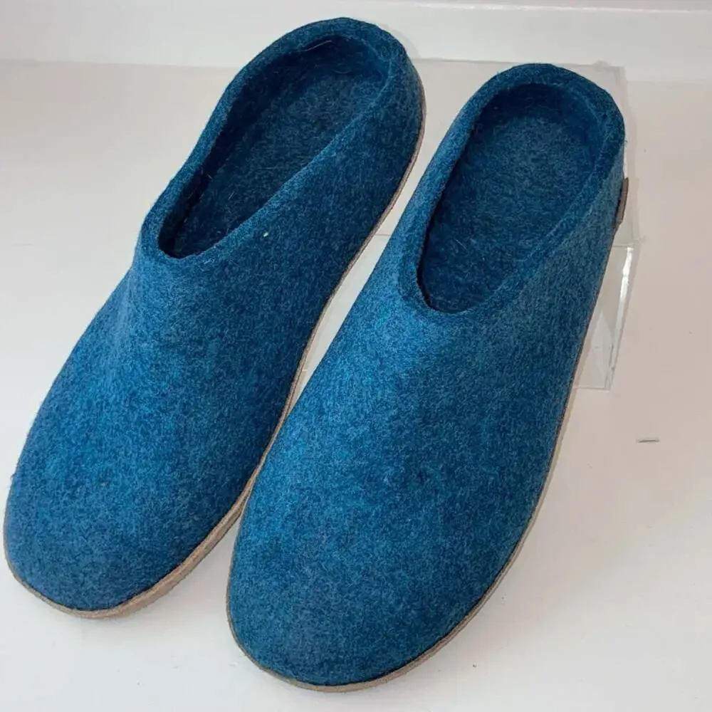 Glerups Unisex Wool Felt Slip-On Slippers with Leather Sole in Denim Blue